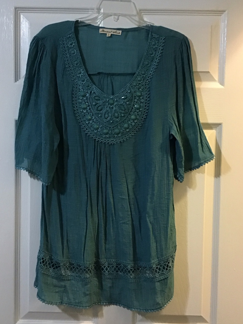 Embroidered Teal Scoop-Neck Tunic - Women's